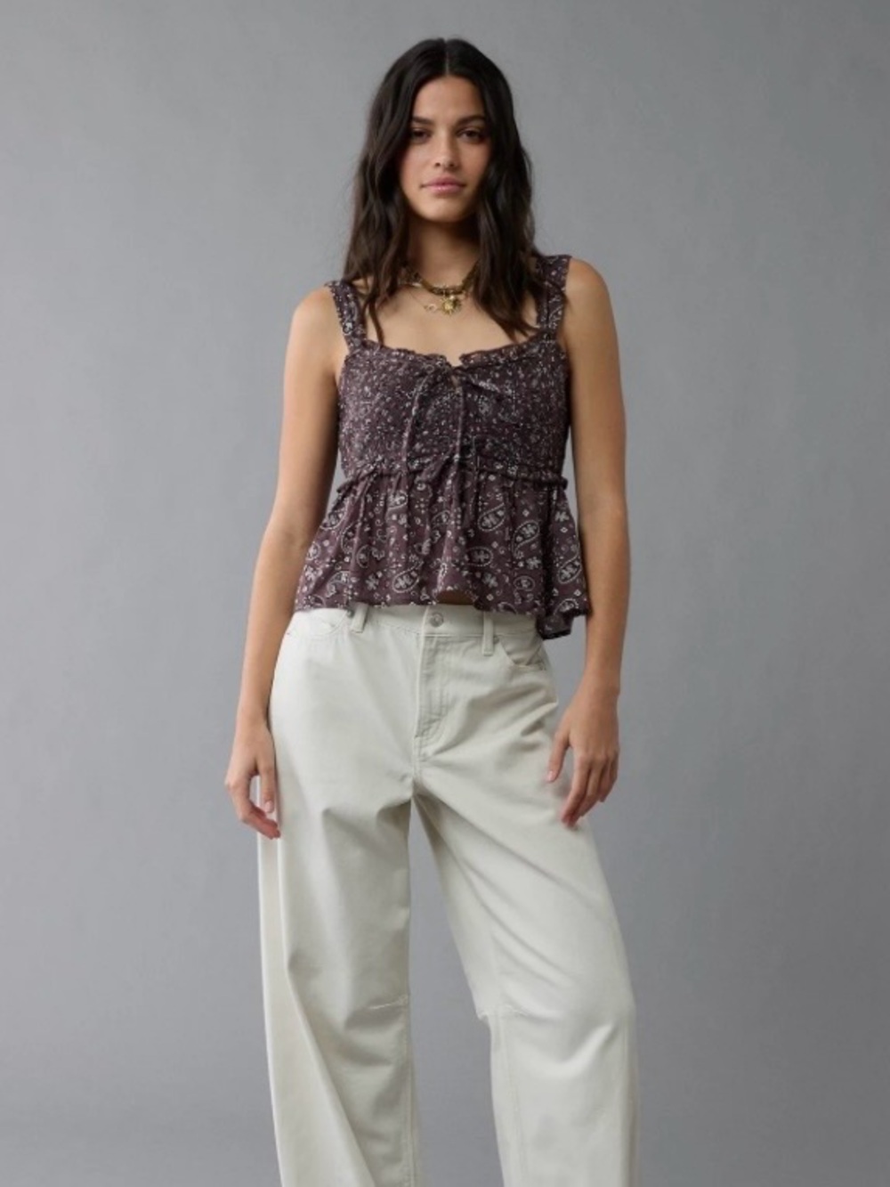 AE Outfitters babydoll Brown Paisley Peplum Top - Women's